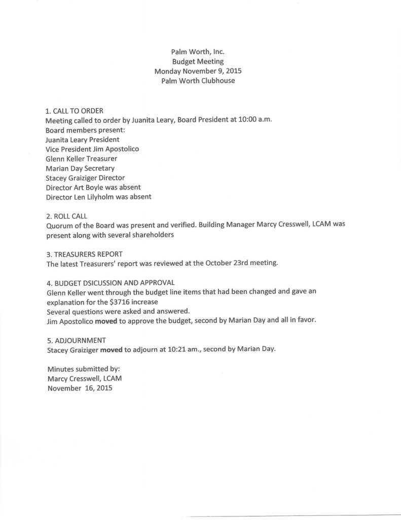 Nov 9 budget meeting minutes and approved budget 2016